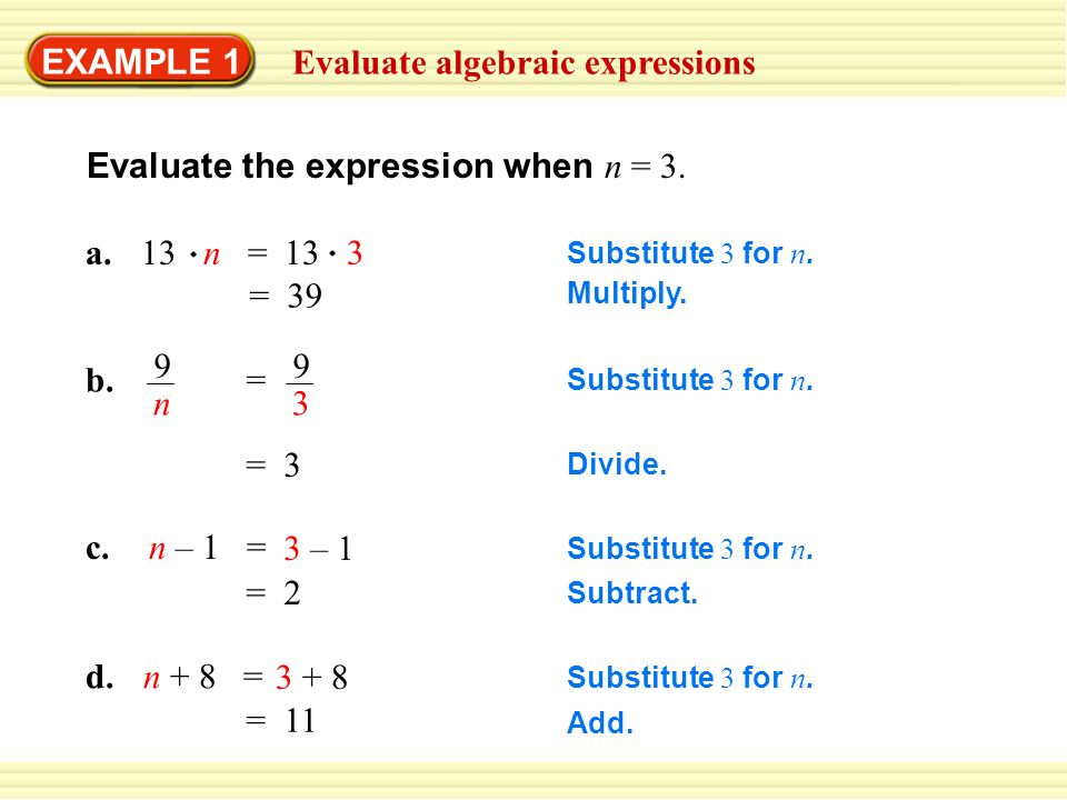 Substitute 3 for n. Multiply. = 39 Subtract. = 2 Substitute 3 for n.