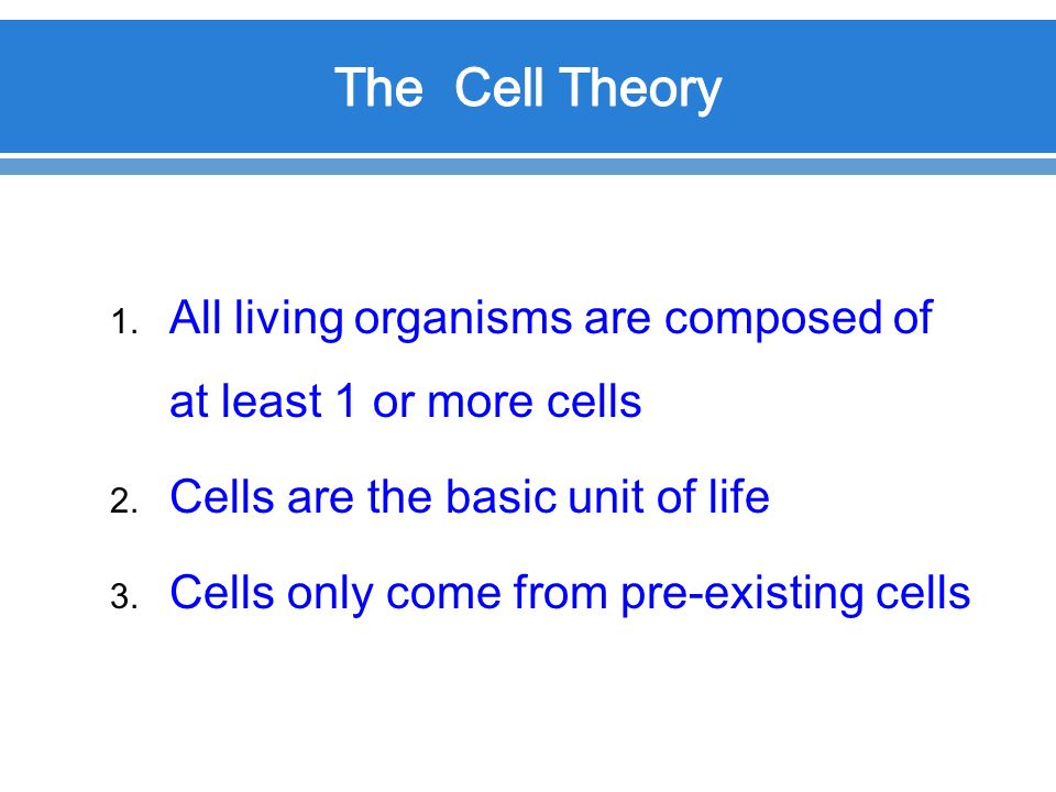 1. All living organisms are composed of at least 1 or more cells 2.