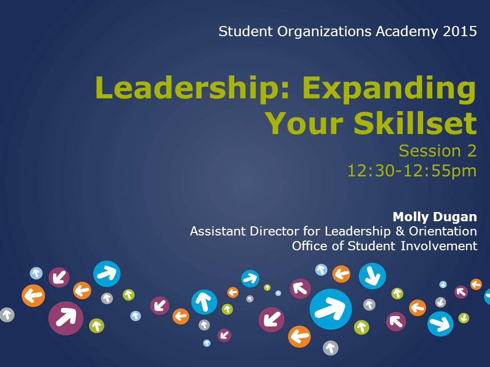 Student Organizations Academy 2015 Leadership: Expanding Your Skillset Session 2 12:30-12:55pm Molly Dugan Assistant Director for Leadership & Orientation Office of Student Involvement