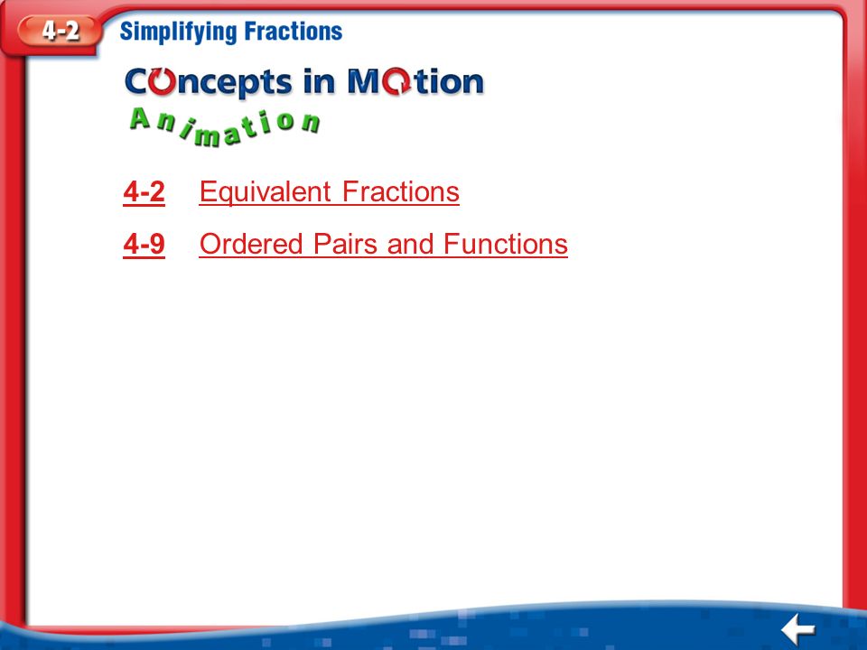 Animation Menu Equivalent FractionsEquivalent Fractions Ordered Pairs and FunctionsOrdered Pairs and Functions
