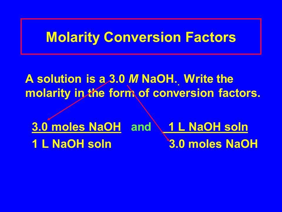 Molarity Conversion Factors A solution is a 3.0 M NaOH..