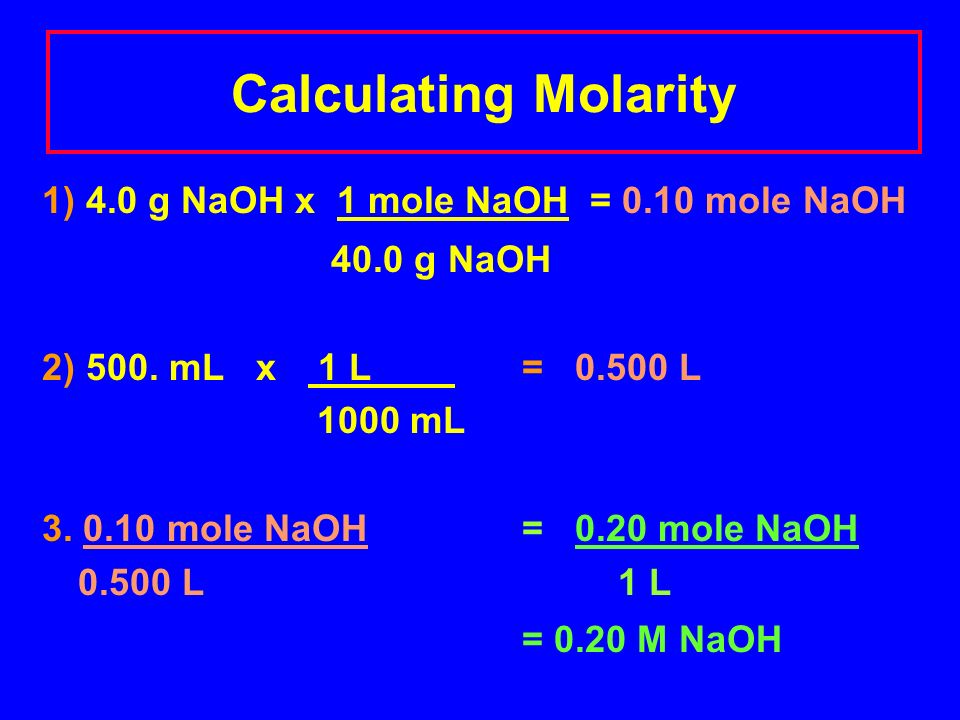 Calculating Molarity 1) 4.0 g NaOH x 1 mole NaOH = 0.10 mole NaOH 40.0 g NaOH 2) 500.