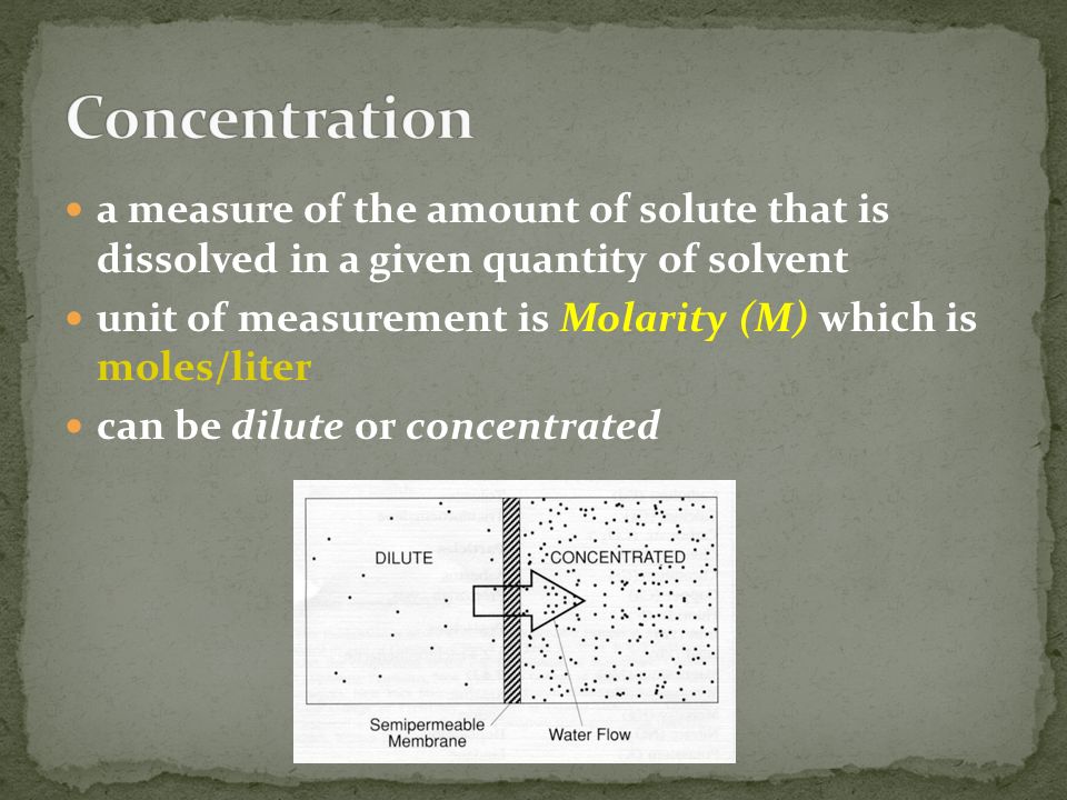 a measure of the amount of solute that is dissolved in a given quantity of solvent unit of measurement is Molarity (M) which is moles/liter can be dilute or concentrated