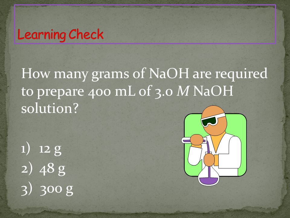 How many grams of NaOH are required to prepare 400 mL of 3.0 M NaOH solution.