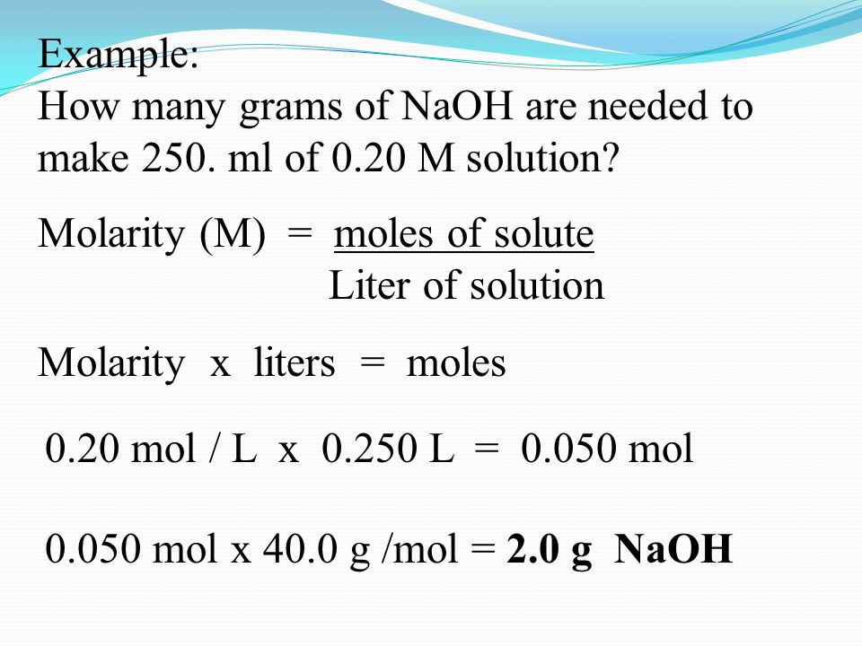 Example: How many grams of NaOH are needed to make 250.