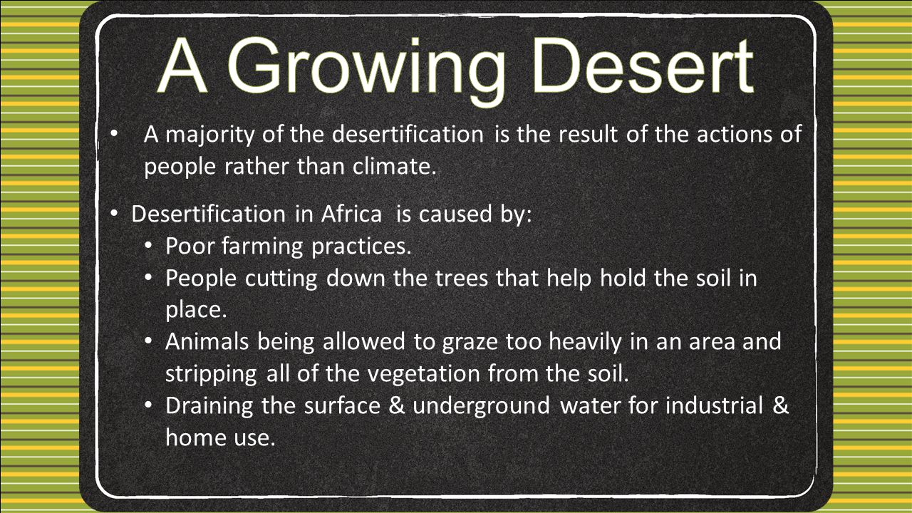 A majority of the desertification is the result of the actions of people rather than climate.