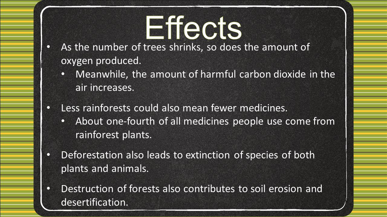 As the number of trees shrinks, so does the amount of oxygen produced.