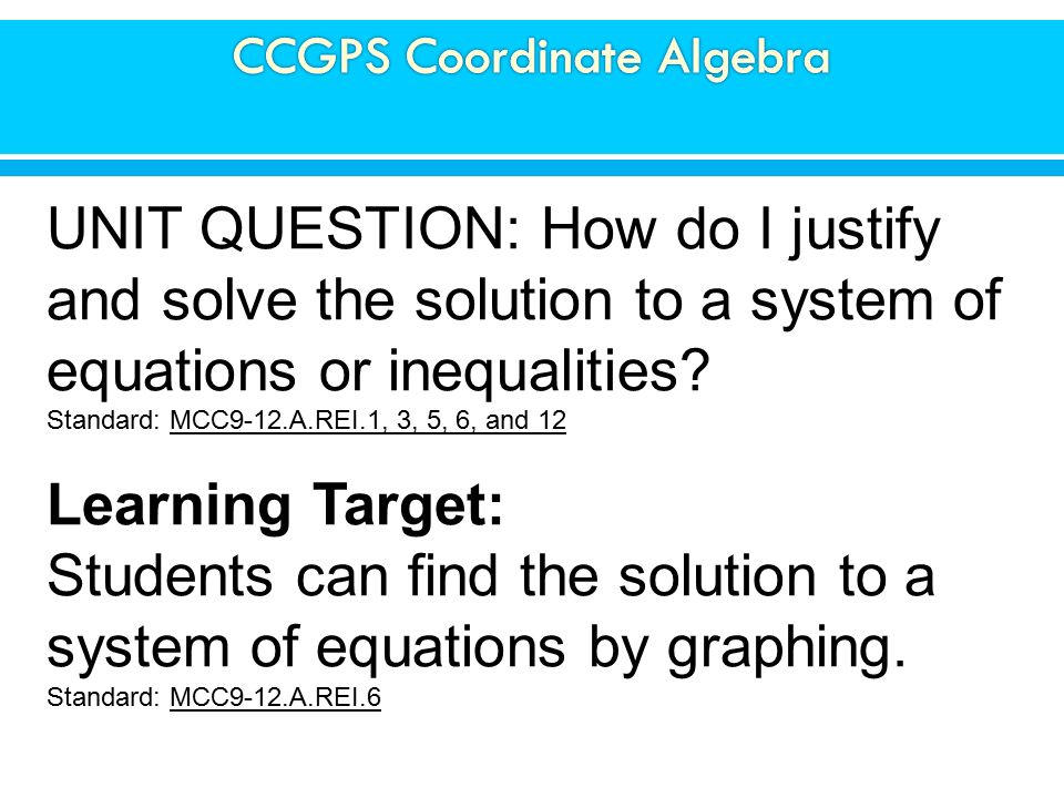 UNIT QUESTION: How do I justify and solve the solution to a system of equations or inequalities.