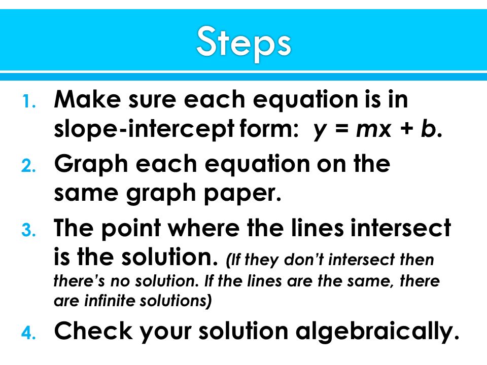 1. Make sure each equation is in slope-intercept form: y = mx + b.