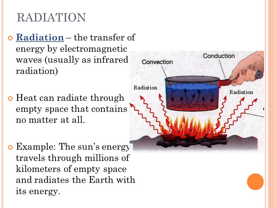 RADIATION Radiation – the transfer of energy by electromagnetic waves (usually as infrared radiation) Heat can radiate through empty space that contains no matter at all.