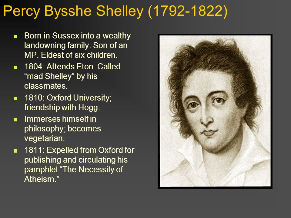 Percy Bysshe Shelley ( ) Born in Sussex into a wealthy landowning family.
