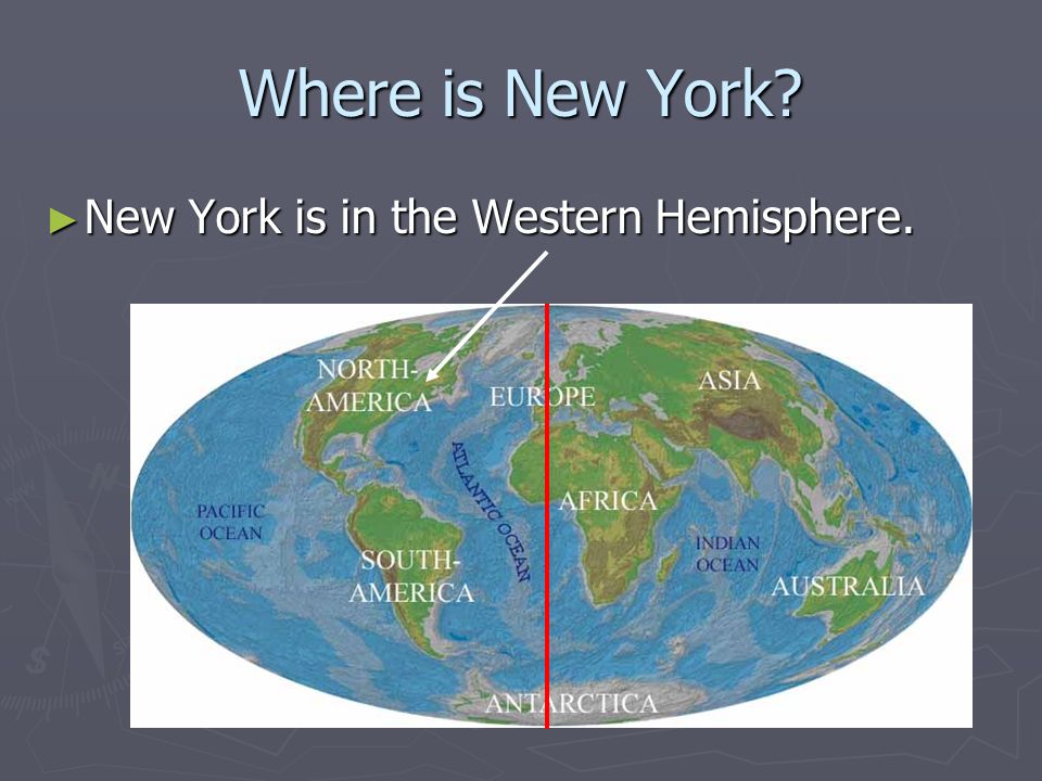 Where is New York. ► On Earth New York is in the Northern Hemisphere.