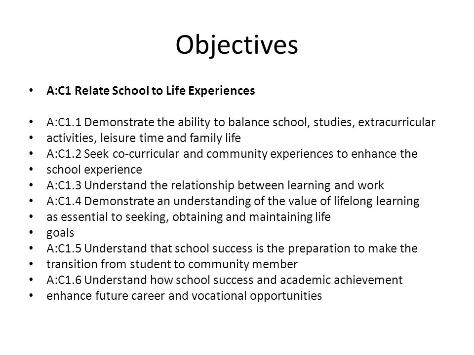 Objectives A:C1 Relate School to Life Experiences A:C1.1 Demonstrate the ability to balance school, studies, extracurricular activities, leisure time and family life A:C1.2 Seek co-curricular and community experiences to enhance the school experience A:C1.3 Understand the relationship between learning and work A:C1.4 Demonstrate an understanding of the value of lifelong learning as essential to seeking, obtaining and maintaining life goals A:C1.5 Understand that school success is the preparation to make the transition from student to community member A:C1.6 Understand how school success and academic achievement enhance future career and vocational opportunities