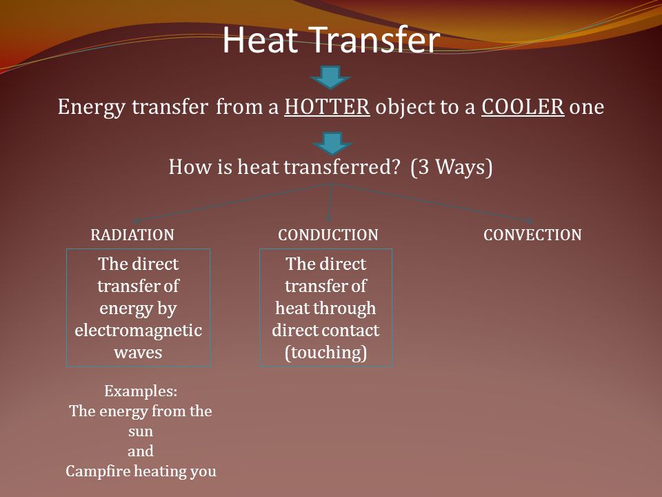 Heat Transfer Energy transfer from a HOTTER object to a COOLER one How is heat transferred.