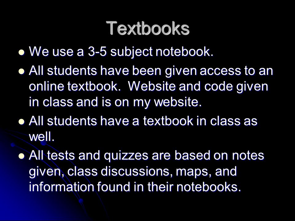 Textbooks We use a 3-5 subject notebook. We use a 3-5 subject notebook.