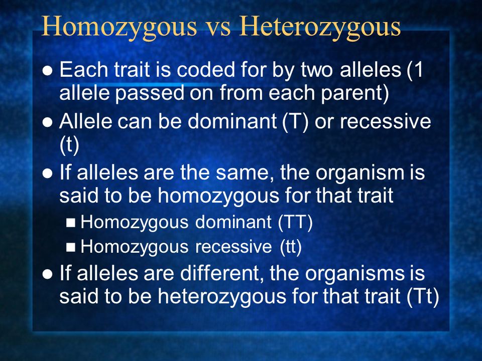 Rule of Dominance When 2 alleles are present for the same trait, one will dominate over the other Dominant = the trait that is observed Recessive = the trait that is not seen or disappears