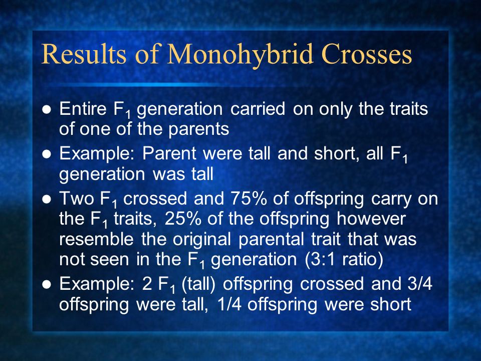 Monohybrid Crosses Parent plants differing in only one trait were crossed and the traits of the offspring were observed The offspring of this cross are called the first filial generation (F 1 ) The F 1 were then crossed with eachother to produce the second filial generation (F 2 ) and traits were observed