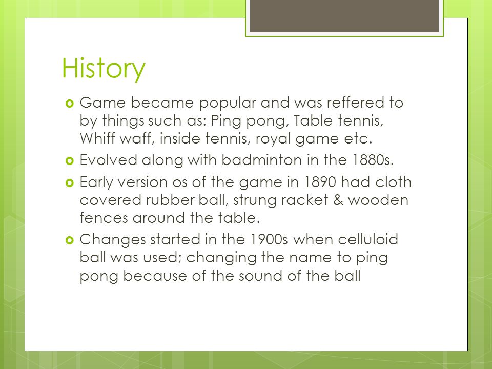 Table Tennis Cynteria Mitchell History Equipment Basics Grips and Strokes  Techniques The Table Vocabulary References. - ppt download