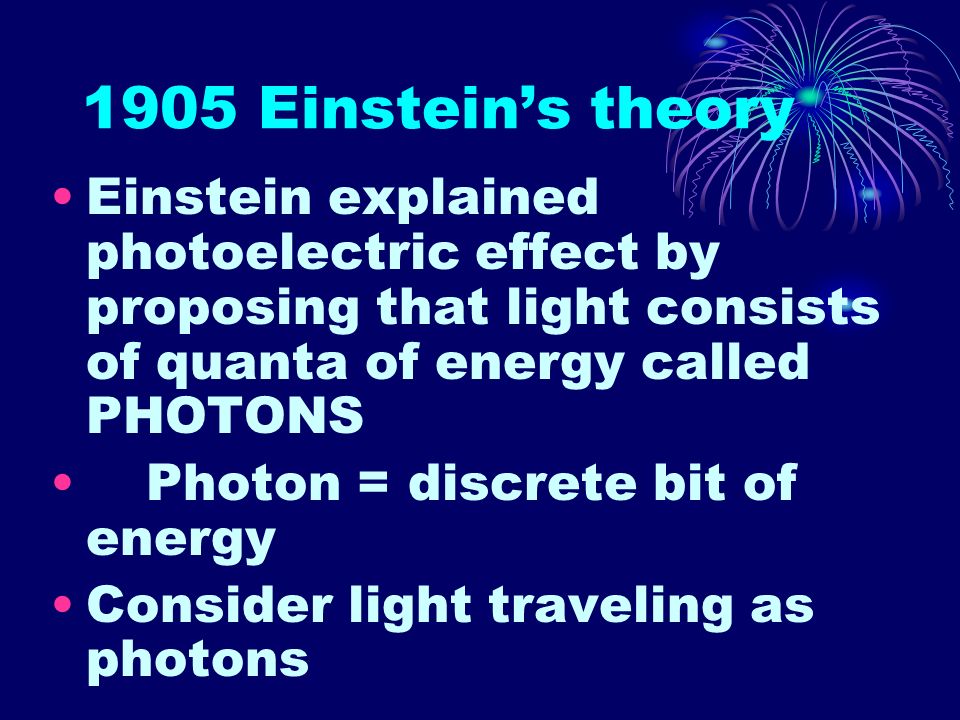 1905 Einstein’s theory Einstein explained photoelectric effect by proposing that light consists of quanta of energy called PHOTONS Photon = discrete bit of energy Consider light traveling as photons