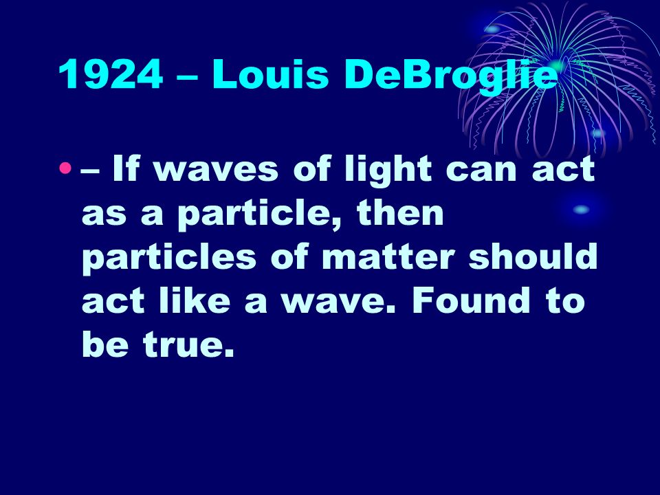 1924 – Louis DeBroglie – If waves of light can act as a particle, then particles of matter should act like a wave.