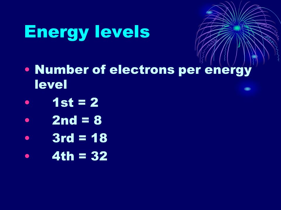 Energy levels Number of electrons per energy level 1st = 2 2nd = 8 3rd = 18 4th = 32