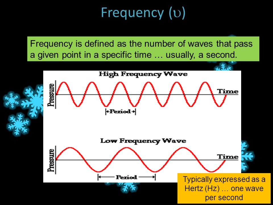 Frequency (  ) Frequency is defined as the number of waves that pass a given point in a specific time … usually, a second.