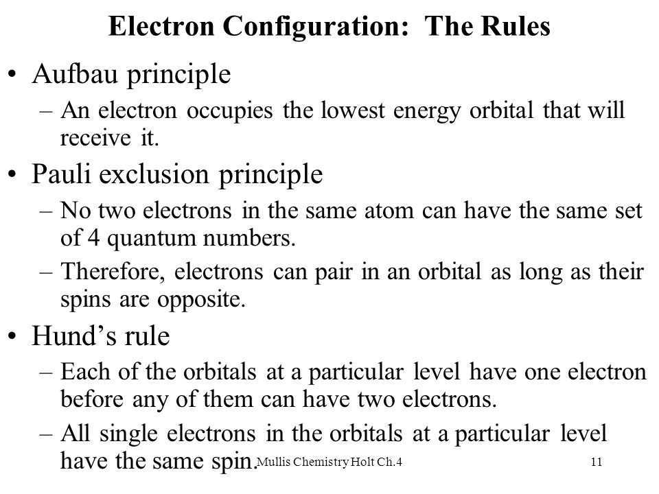 Mullis Chemistry Holt Ch.411 Electron Configuration: The Rules Aufbau principle –An electron occupies the lowest energy orbital that will receive it.