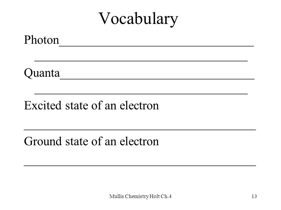 Vocabulary Photon_______________________________ __________________________________ Quanta_______________________________ __________________________________ Excited state of an electron _____________________________________ Ground state of an electron _____________________________________ Mullis Chemistry Holt Ch.413