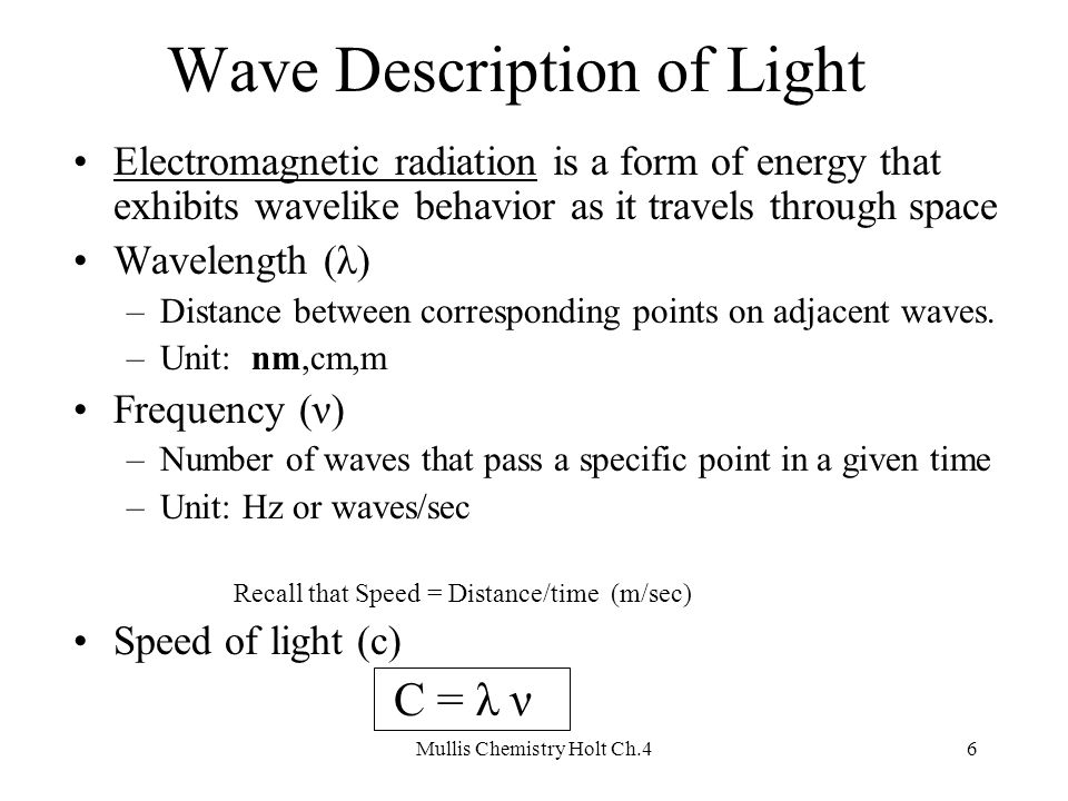 Mullis Chemistry Holt Ch.46 Wave Description of Light Electromagnetic radiation is a form of energy that exhibits wavelike behavior as it travels through space Wavelength (λ) –Distance between corresponding points on adjacent waves.