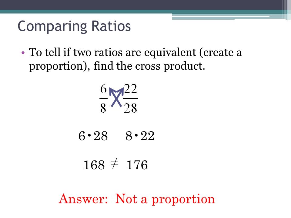 Comparing Ratios To tell if two ratios are equivalent (create a proportion), find the cross product.