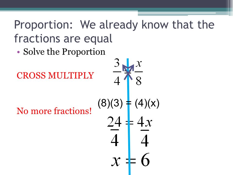 Proportion: We already know that the fractions are equal Solve the Proportion CROSS MULTIPLY No more fractions.