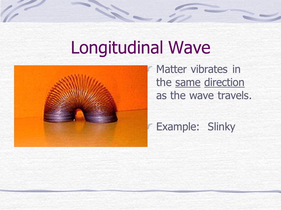 Longitudinal Wave Matter vibrates in the same direction as the wave travels. Example: Slinky