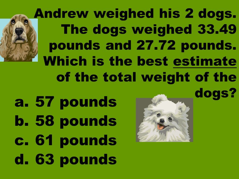 Andrew weighed his 2 dogs. The dogs weighed pounds and pounds.