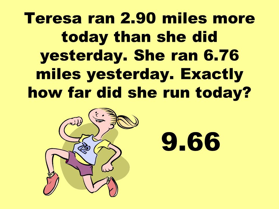 Teresa ran 2.90 miles more today than she did yesterday.