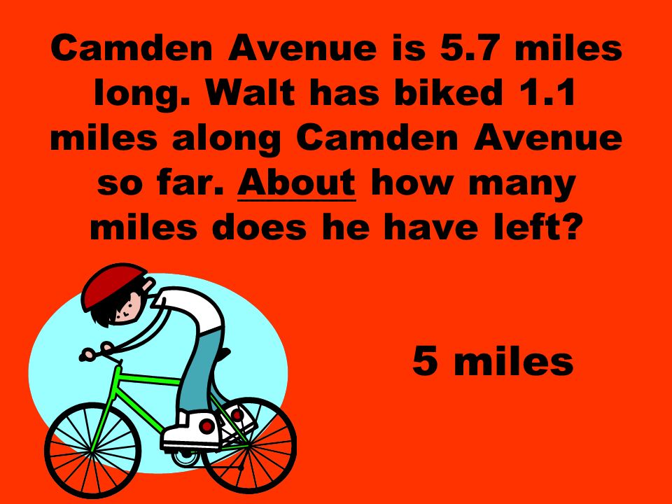 Camden Avenue is 5.7 miles long. Walt has biked 1.1 miles along Camden Avenue so far.