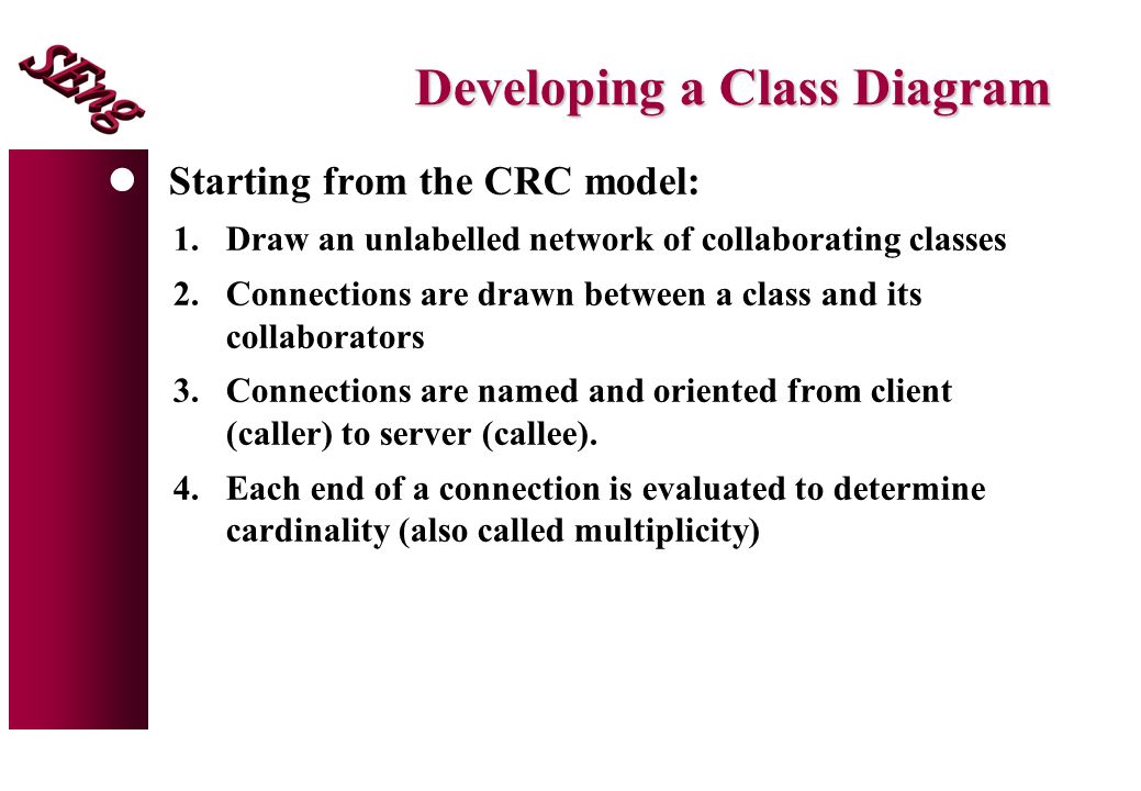 Developing a Class Diagram lStarting from the CRC model: 1.Draw an unlabelled network of collaborating classes 2.Connections are drawn between a class and its collaborators 3.Connections are named and oriented from client (caller) to server (callee).