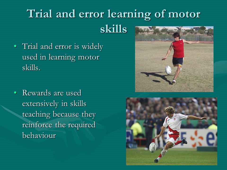 Trial and error learning of motor skills Trial and error is widely used in learning motor skills.Trial and error is widely used in learning motor skills.