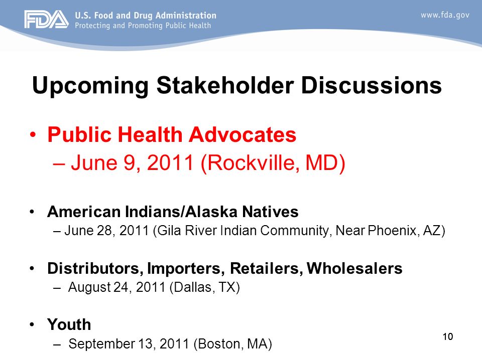 10 Upcoming Stakeholder Discussions Public Health Advocates – June 9, 2011 (Rockville, MD) American Indians/Alaska Natives – June 28, 2011 (Gila River Indian Community, Near Phoenix, AZ) Distributors, Importers, Retailers, Wholesalers –August 24, 2011 (Dallas, TX) Youth –September 13, 2011 (Boston, MA) 10