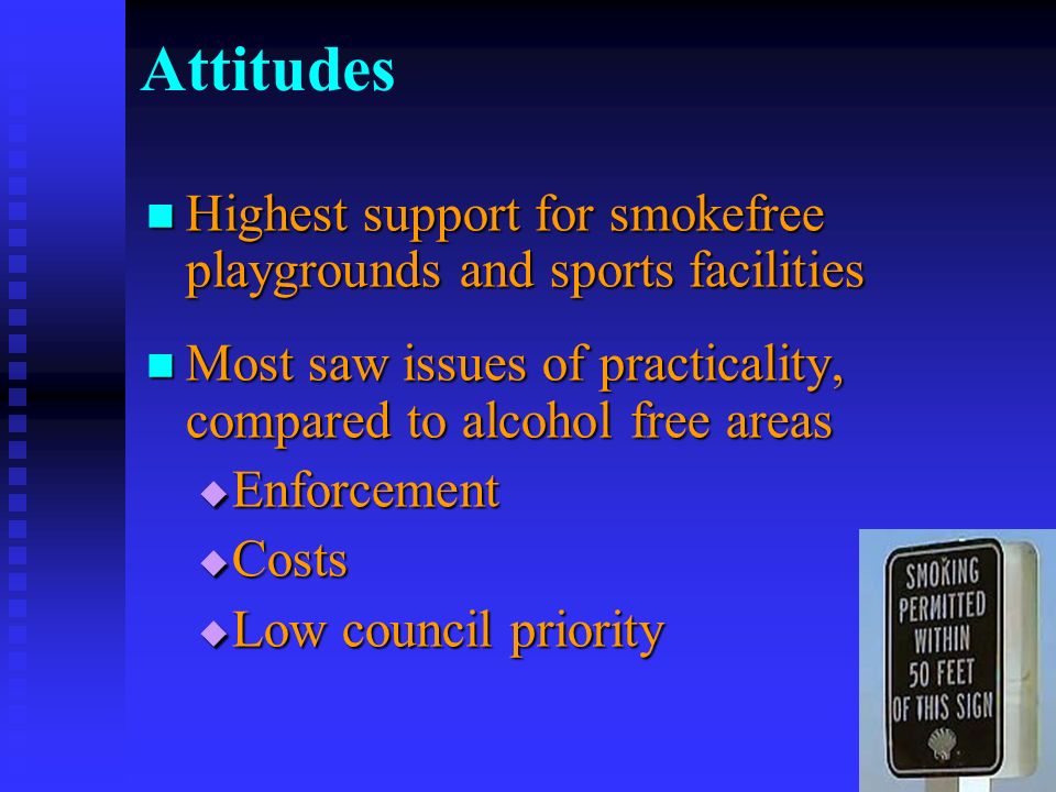 5 Attitudes Highest support for smokefree playgrounds and sports facilities Highest support for smokefree playgrounds and sports facilities Most saw issues of practicality, compared to alcohol free areas Most saw issues of practicality, compared to alcohol free areas  Enforcement  Costs  Low council priority
