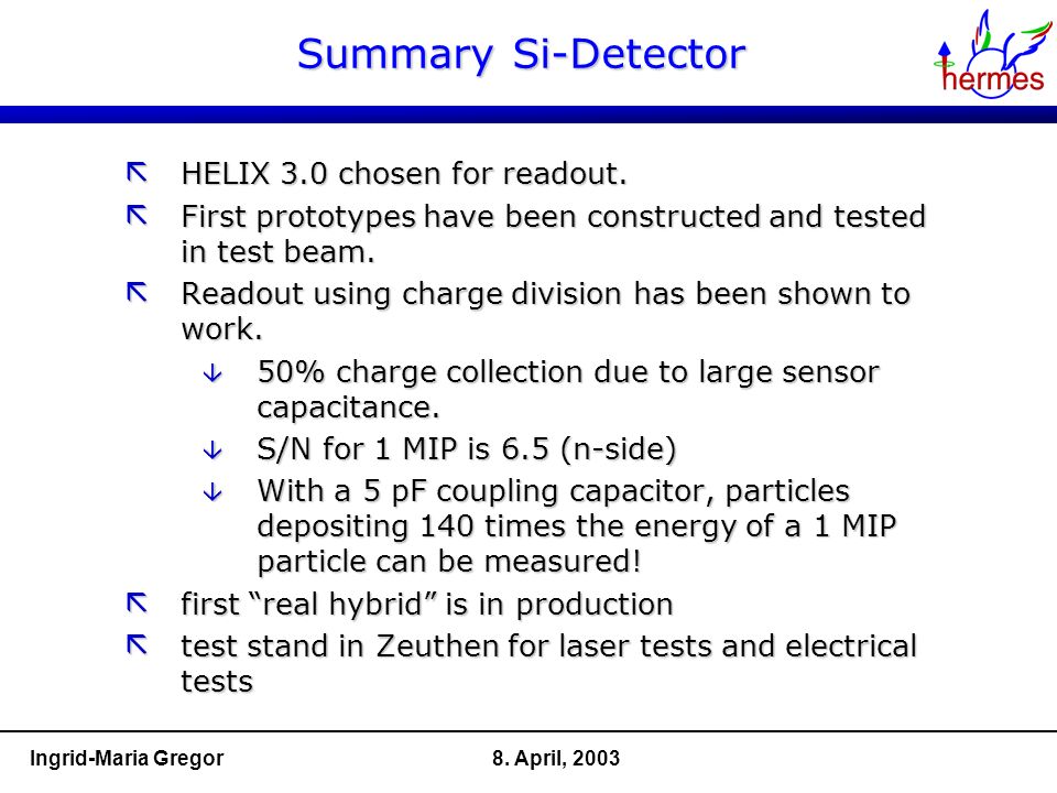 8. April, 2003Ingrid-Maria Gregor Summary Si-Detector ã HELIX 3.0 chosen for readout.