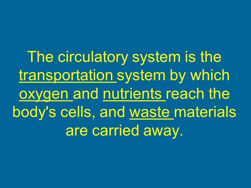 The circulatory system is the transportation system by which oxygen and nutrients reach the body s cells, and waste materials are carried away.
