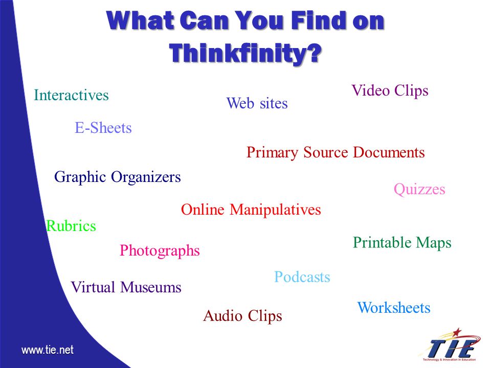 Worksheets Interactives E-Sheets Podcasts Printable Maps Primary Source Documents Rubrics Web sites Virtual Museums Graphic Organizers Photographs Video Clips Online Manipulatives Quizzes Audio Clips What Can You Find on Thinkfinity