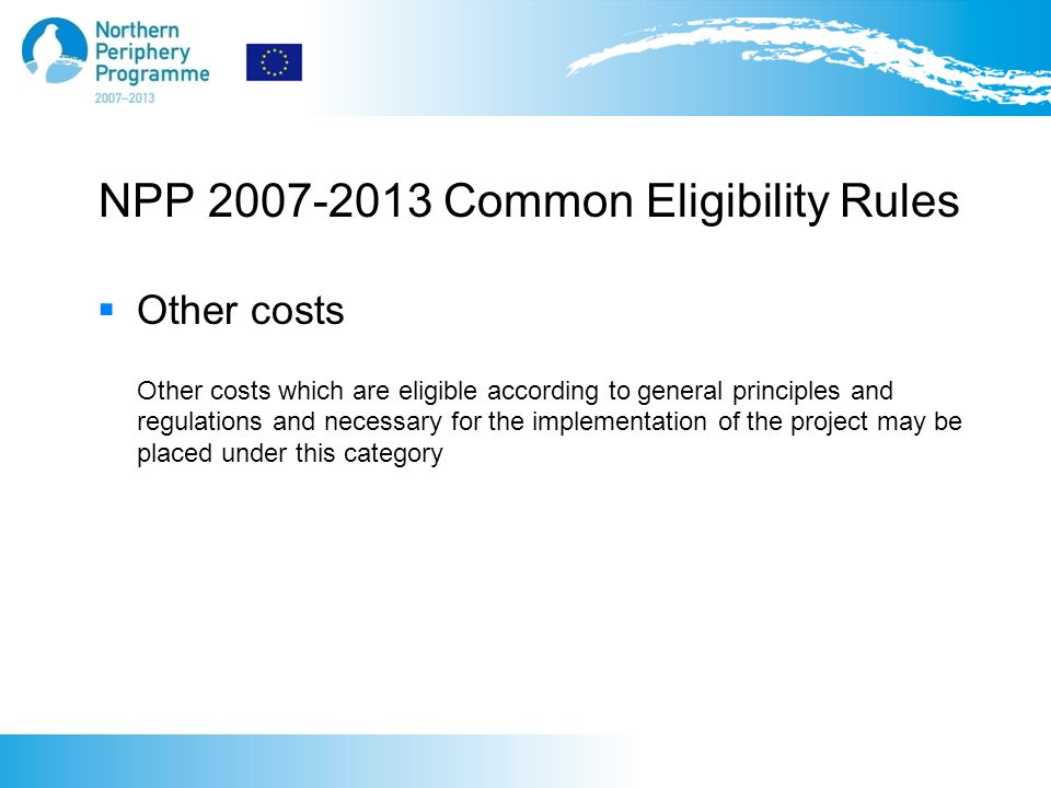 NPP Common Eligibility Rules  Other costs Other costs which are eligible according to general principles and regulations and necessary for the implementation of the project may be placed under this category