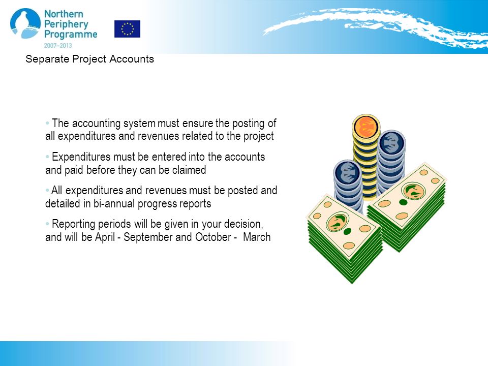 Separate Project Accounts The accounting system must ensure the posting of all expenditures and revenues related to the project Expenditures must be entered into the accounts and paid before they can be claimed All expenditures and revenues must be posted and detailed in bi-annual progress reports Reporting periods will be given in your decision, and will be April - September and October - March