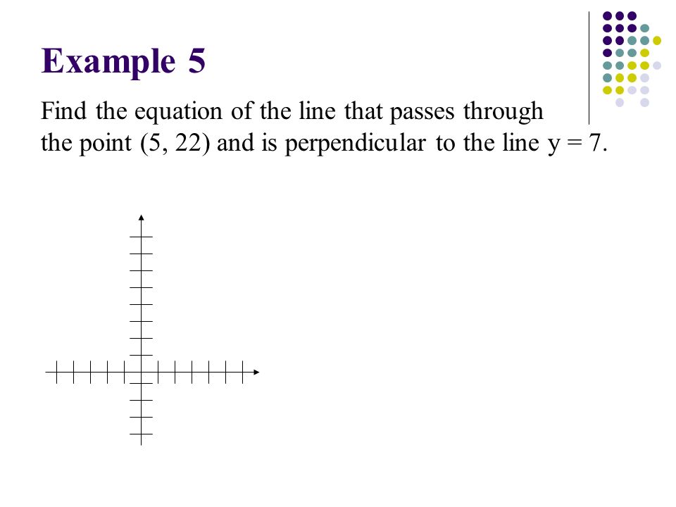 Find the equation of the line that passes through the point (5, 22) and is perpendicular to the line y = 7.