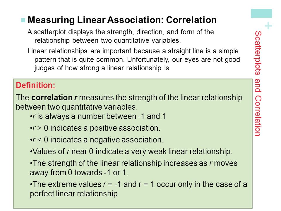 + Scatterplots and Correlation Measuring Linear Association: CorrelationA scatterplot displays the strength, direction, and form of the relationship between two quantitative variables.