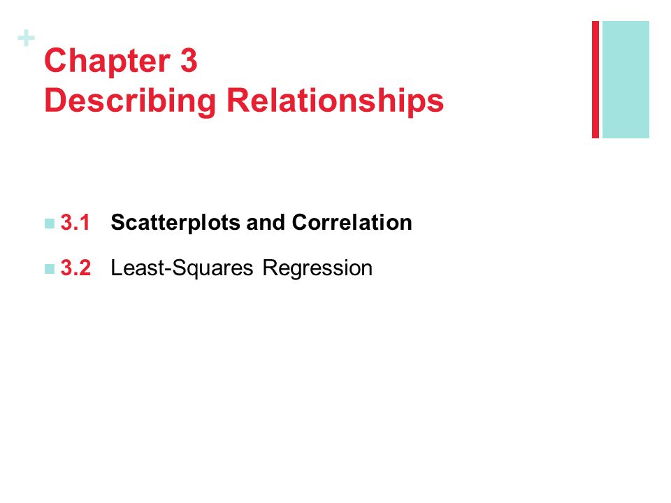 + Chapter 3 Describing Relationships 3.1Scatterplots and Correlation 3.2Least-Squares Regression