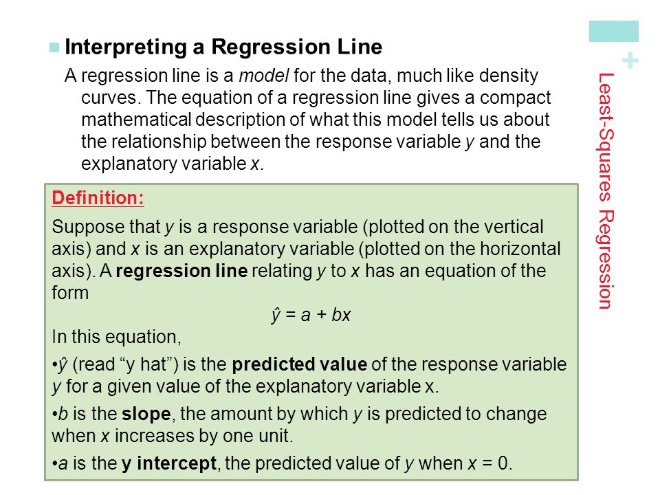 + Least-Squares Regression Interpreting a Regression LineA regression line is a model for the data, much like density curves.