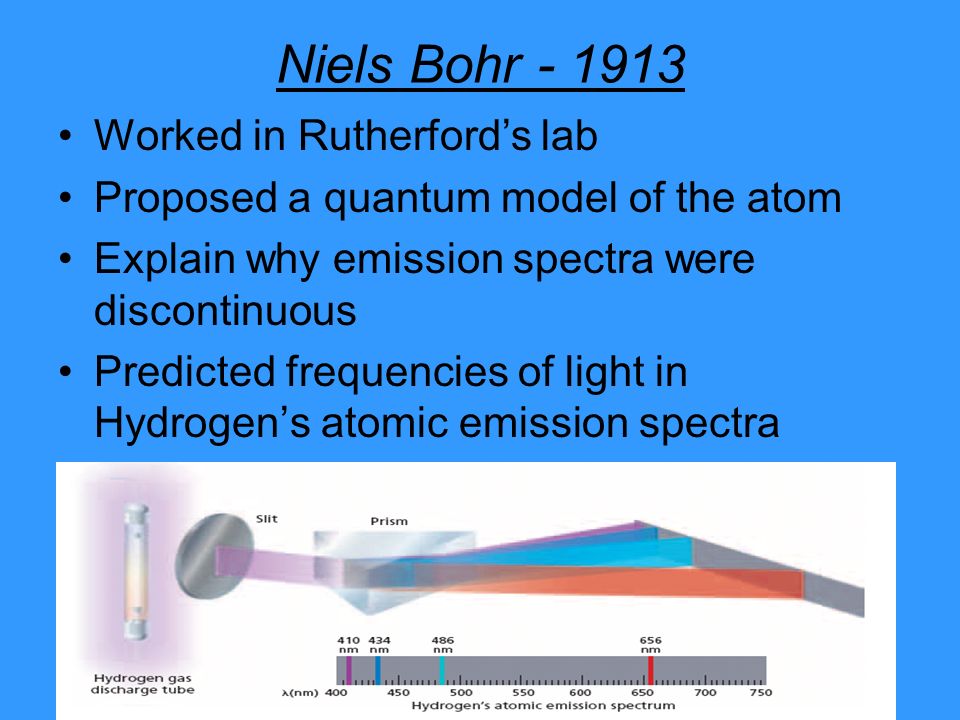 Niels Bohr Worked in Rutherford’s lab Proposed a quantum model of the atom Explain why emission spectra were discontinuous Predicted frequencies of light in Hydrogen’s atomic emission spectra