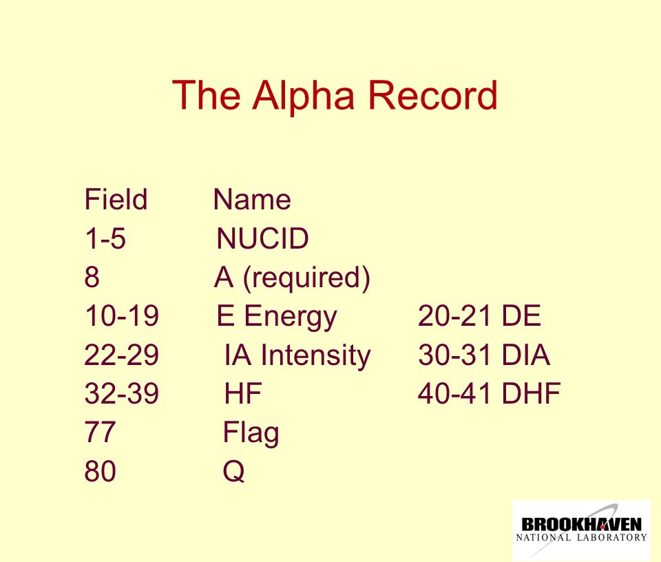The Alpha Record Field Name 1-5 NUCID 8 A (required) E Energy DE IA Intensity DIA HF DHF 77 Flag 80 Q